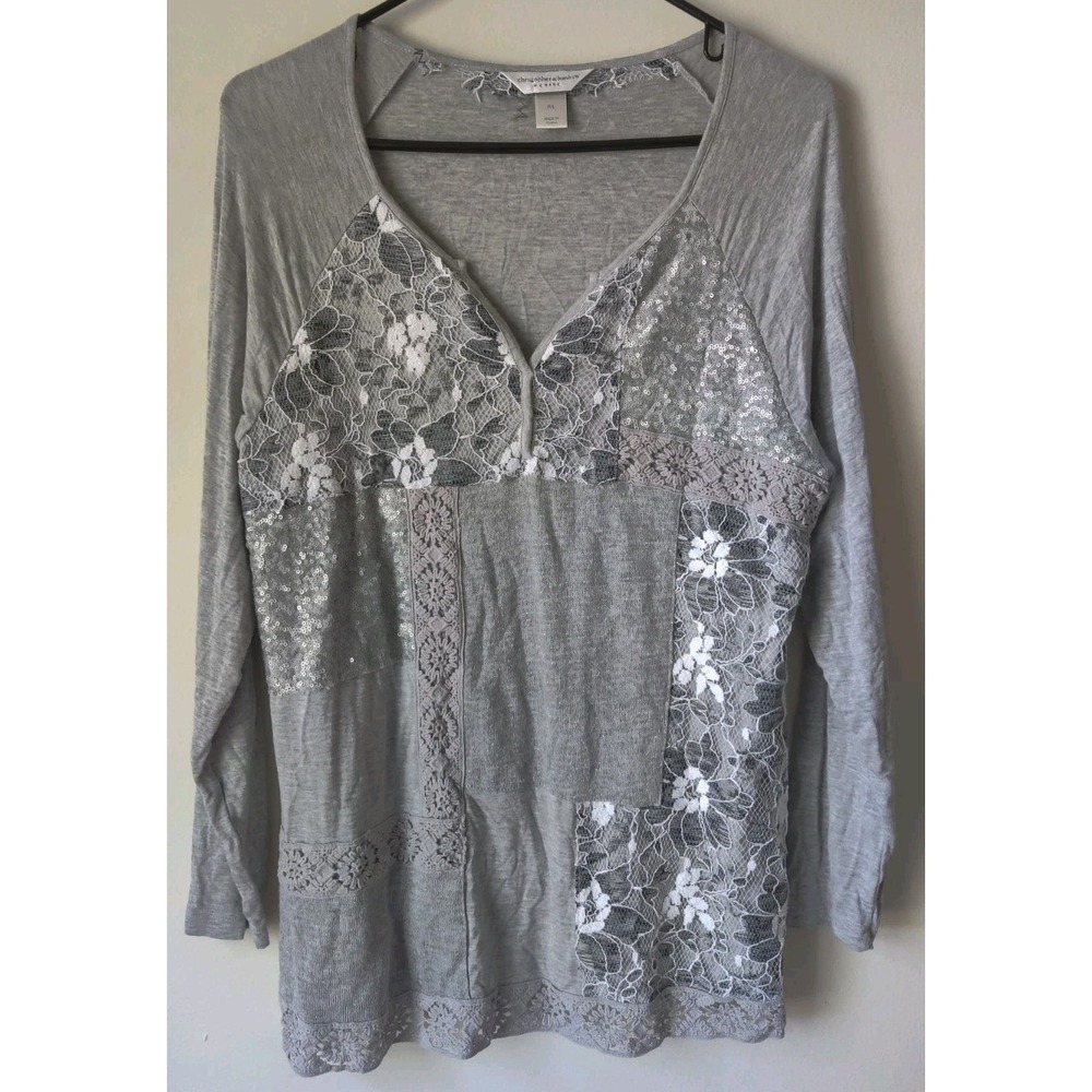 Christopher & Banks Women's Petite Gray Patches Long Sleeve Shirt V-Neck Size PL